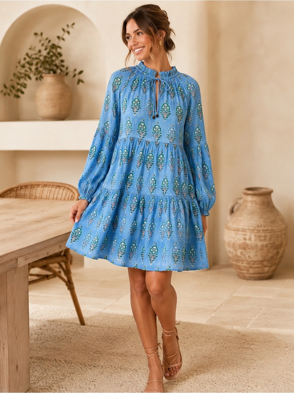 OLIPHANT Nouveau Balloon Sleeve Tiered Mini Dress Blue Green Block Print S